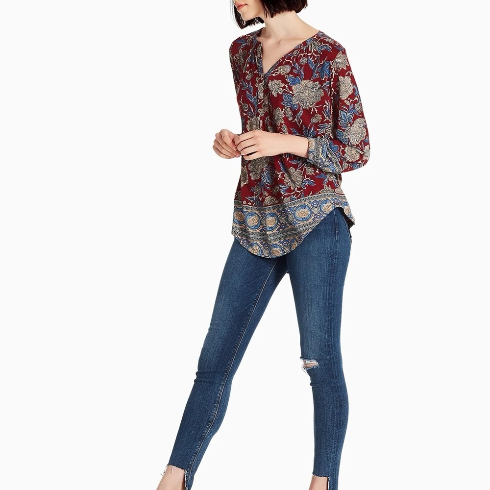 Lucky Brand Burgundy Boho Floral Paisley Peasant Henley Top | Small - Picture 2 of 8